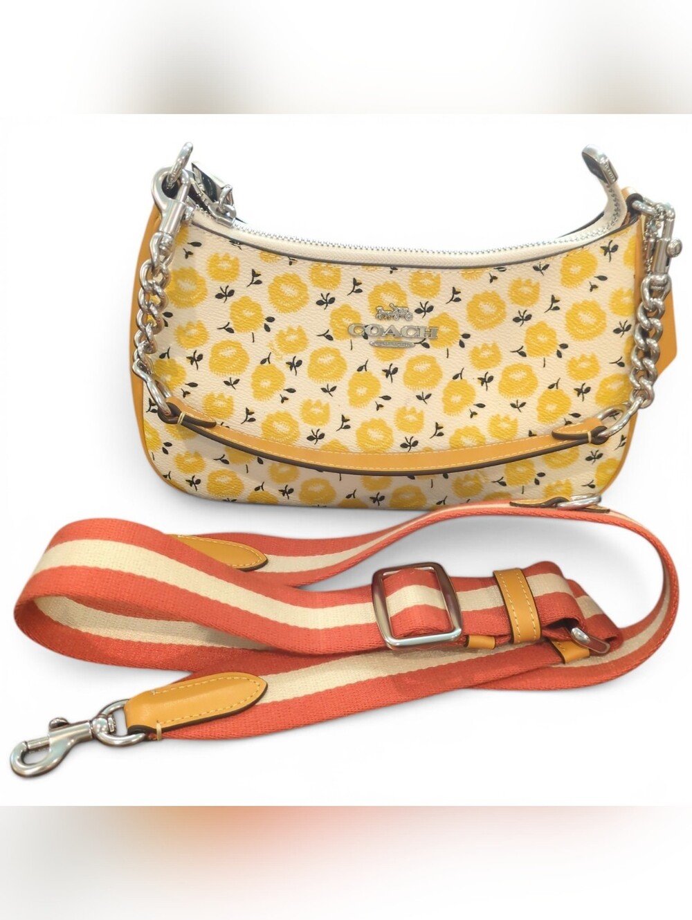 Coach Yellow Floral Mini Shoulder Bag with Orange-Striped Strap